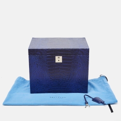 Smythson Blue Croc Embossed Leather Deluxe Jewelry Box in Mara