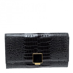 Smythson Dark Grey Croc Embossed Leather Continental Wallet