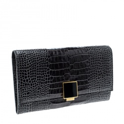 Smythson Dark Grey Croc Embossed Leather Continental Wallet