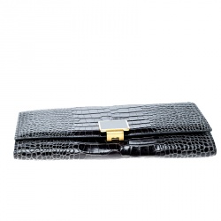 Smythson Dark Grey Croc Embossed Leather Continental Wallet