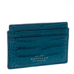 Smythson Blue Croc Embossed Leather Mara Card Holder 