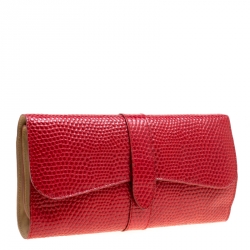 Smythson Red Lizard Embossed Leather Coin Organizer Clutch
