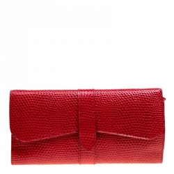 Smythson Red Lizard Embossed Leather Coin Organizer Clutch