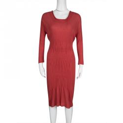 Sonia Rykiel Red Knit Waist Tie Detail Long Sleeve Midi Dress S