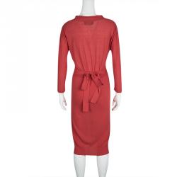 Sonia Rykiel Red Knit Waist Tie Detail Long Sleeve Midi Dress S