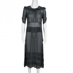 Pre Owned Sonia Rykiel Grey Silk Georgette Ruffle Detail Sheer Midi Dress S
