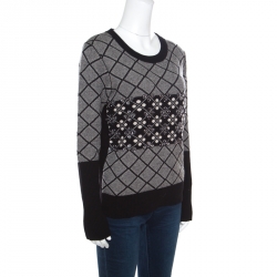 Sonia Rykiel Monochrome Diamond Pattern Wool Embellished Crew Neck Sweater L