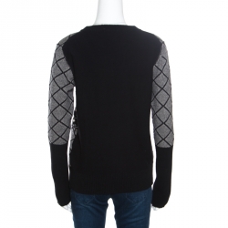 Sonia Rykiel Monochrome Diamond Pattern Wool Embellished Crew Neck Sweater L