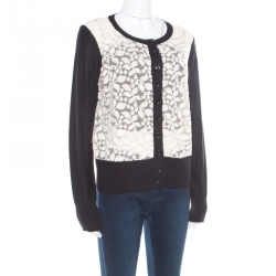 Pre Owned Sonia Rykiel Black Wool Blend Floral Lace Panel Cropped Cardigan L