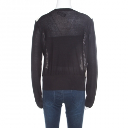 Pre Owned Sonia Rykiel Black Wool Blend Floral Lace Panel Cropped Cardigan L