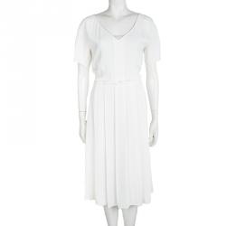 Pre Owned Sonia Rykiel Off White Pleated Tie Detail Short Sleeve Dress M