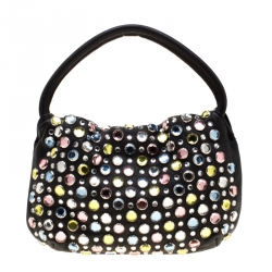 Pre Owned Sonia Rykiel Black Leather Colorful Crystal Embellished Shoulder Bag 