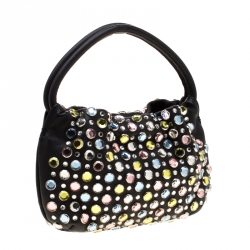 Pre Owned Sonia Rykiel Black Leather Colorful Crystal Embellished Shoulder Bag 