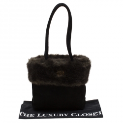 Pre Owned Sonia Rykiel Black/Olive Green Fur and Suede Tote