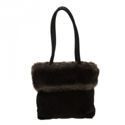 Pre Owned Sonia Rykiel Black/Olive Green Fur and Suede Tote