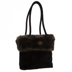 Pre Owned Sonia Rykiel Black/Olive Green Fur and Suede Tote