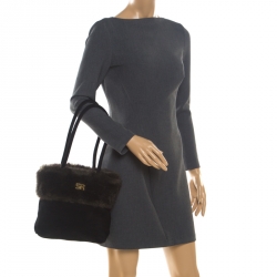 Pre Owned Sonia Rykiel Black/Olive Green Fur and Suede Tote