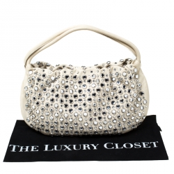 Pre Owned Sonia Rykiel White Crystal Embellished Leather Domino Shoulder Bag