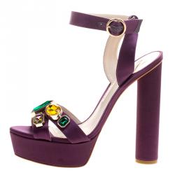 Pre Owned Sophia Webster Purple Satin Amanda Crystal Embellished Cross Strap Sandals Size 41