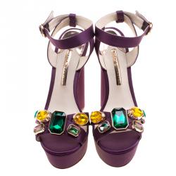 Pre Owned Sophia Webster Purple Satin Amanda Crystal Embellished Cross Strap Sandals Size 41