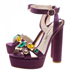 Pre Owned Sophia Webster Purple Satin Amanda Crystal Embellished Cross Strap Sandals Size 41