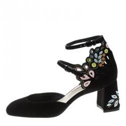 Pre Owned Sophia Webster Black Embroidered Suede Liliana Mary Jane Block Heel Pumps Size 37.5