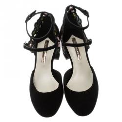 Pre Owned Sophia Webster Black Embroidered Suede Liliana Mary Jane Block Heel Pumps Size 37.5