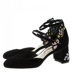 Pre Owned Sophia Webster Black Embroidered Suede Liliana Mary Jane Block Heel Pumps Size 37.5