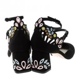 Pre Owned Sophia Webster Black Embroidered Suede Liliana Mary Jane Block Heel Pumps Size 37.5