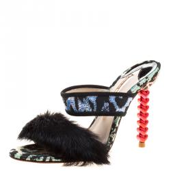 Sophia Webster Multicolor Leopard Woven Fabric Rabbit Fur Trim Skye Sandals Size 36