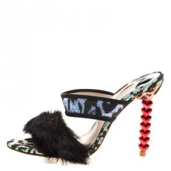Sophia Webster Multicolor Leopard Woven Fabric Rabbit Fur Trim Skye Sandals Size 36