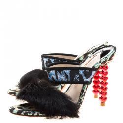 Sophia Webster Multicolor Leopard Woven Fabric Rabbit Fur Trim Skye Sandals Size 36