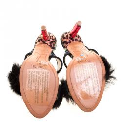 Sophia Webster Multicolor Leopard Woven Fabric Rabbit Fur Trim Skye Sandals Size 36