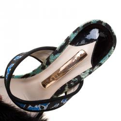 Sophia Webster Multicolor Leopard Woven Fabric Rabbit Fur Trim Skye Sandals Size 36