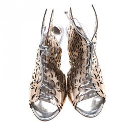 Pre Owned Sophia Webster Metallic Bronze Laser Cut Leather Cherub Winged Lace Up Peep Toe Mules Size 36