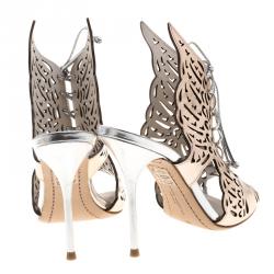 Pre Owned Sophia Webster Metallic Bronze Laser Cut Leather Cherub Winged Lace Up Peep Toe Mules Size 36