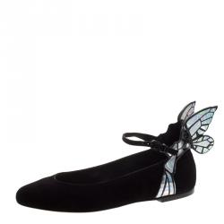 Pre Owned Sophia Webster Black Suede Chiara Butterfly Wing Ballet Flats Size 36