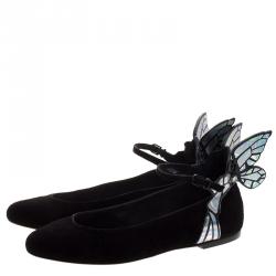 Pre Owned Sophia Webster Black Suede Chiara Butterfly Wing Ballet Flats Size 36