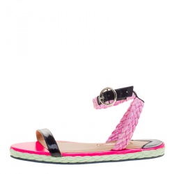 Pre Owned Sophia Webster Pink/Black Straw and Patent Leather Braided Ankle Strap Espadrilles Size 36