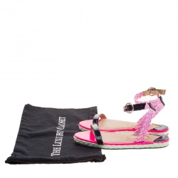 Pre Owned Sophia Webster Pink/Black Straw and Patent Leather Braided Ankle Strap Espadrilles Size 36