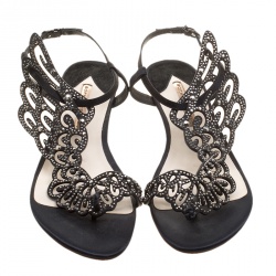 Pre Owned Sophia Webster Black Crystal Embellished Satin Seraphina Angel Wing Flats Size 41