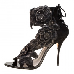 Pre Owned Sophia Webster Black Suede Winona Floral Embroidered Ankle Cuff Sandals Size 41