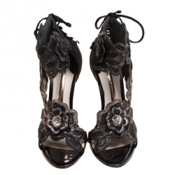 Pre Owned Sophia Webster Black Suede Winona Floral Embroidered Ankle Cuff Sandals Size 41