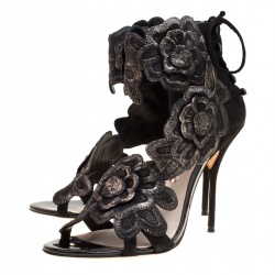 Pre Owned Sophia Webster Black Suede Winona Floral Embroidered Ankle Cuff Sandals Size 41