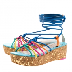 Pre Owned Sophia Webster Multicolor Leather Cord Copacabana Cork Platform Ankle Wrap Sandals Size 36.5