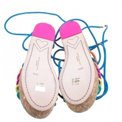 Pre Owned Sophia Webster Multicolor Leather Cord Copacabana Cork Platform Ankle Wrap Sandals Size 36.5