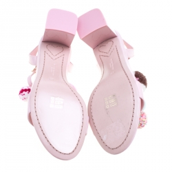 Sophia Webster Light Pink Patent Leather Jada T Strap Pom Pom Sandals Size 39