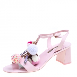 Sophia Webster Light Pink Patent Leather Jada T Strap Pom Pom Sandals Size 39
