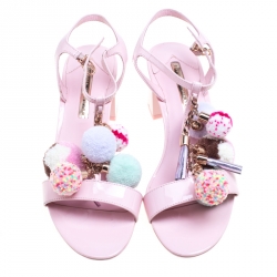 Sophia Webster Light Pink Patent Leather Jada T Strap Pom Pom Sandals Size 39