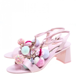 Sophia Webster Light Pink Patent Leather Jada T Strap Pom Pom Sandals Size 39